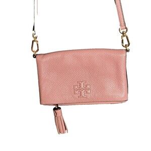 Tory Burch Thea Foldover Crossbody Pebbled Leather Pink  Magnolia Bag Clutch